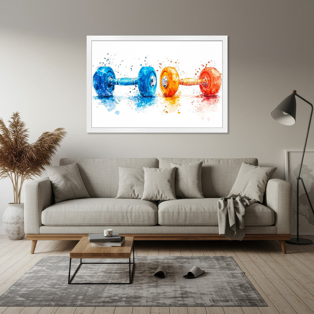 Framed Poster of watercolor dumbbells in blue, orange, and red. Modern art style, vibrant color palette for home gym decor.