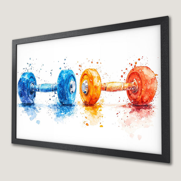 Framed Poster featuring watercolor dumbbells in blue, orange, and red. Perfect gym decor!