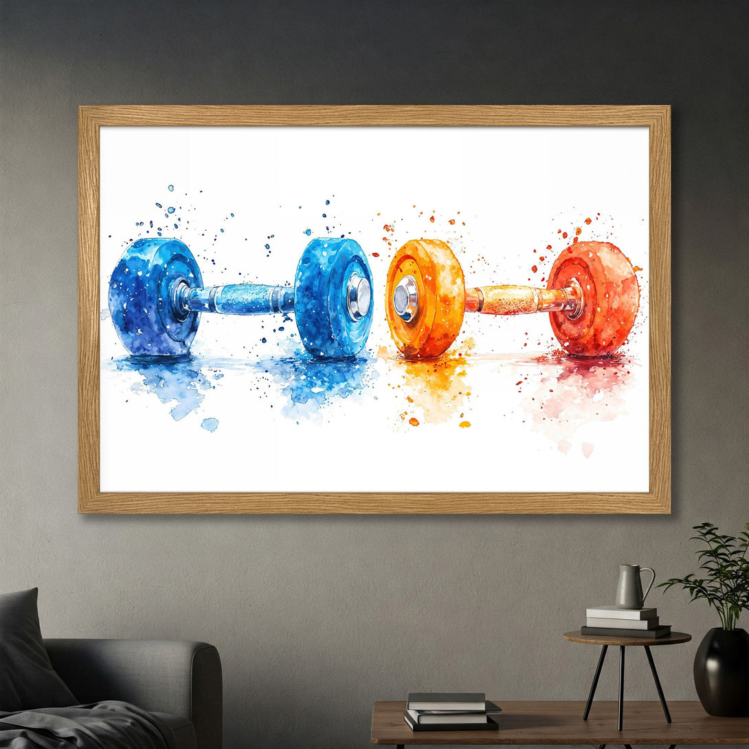 Framed Poster featuring watercolor dumbbells in blue, orange, and red. Perfect fitness wall art for your home gym.