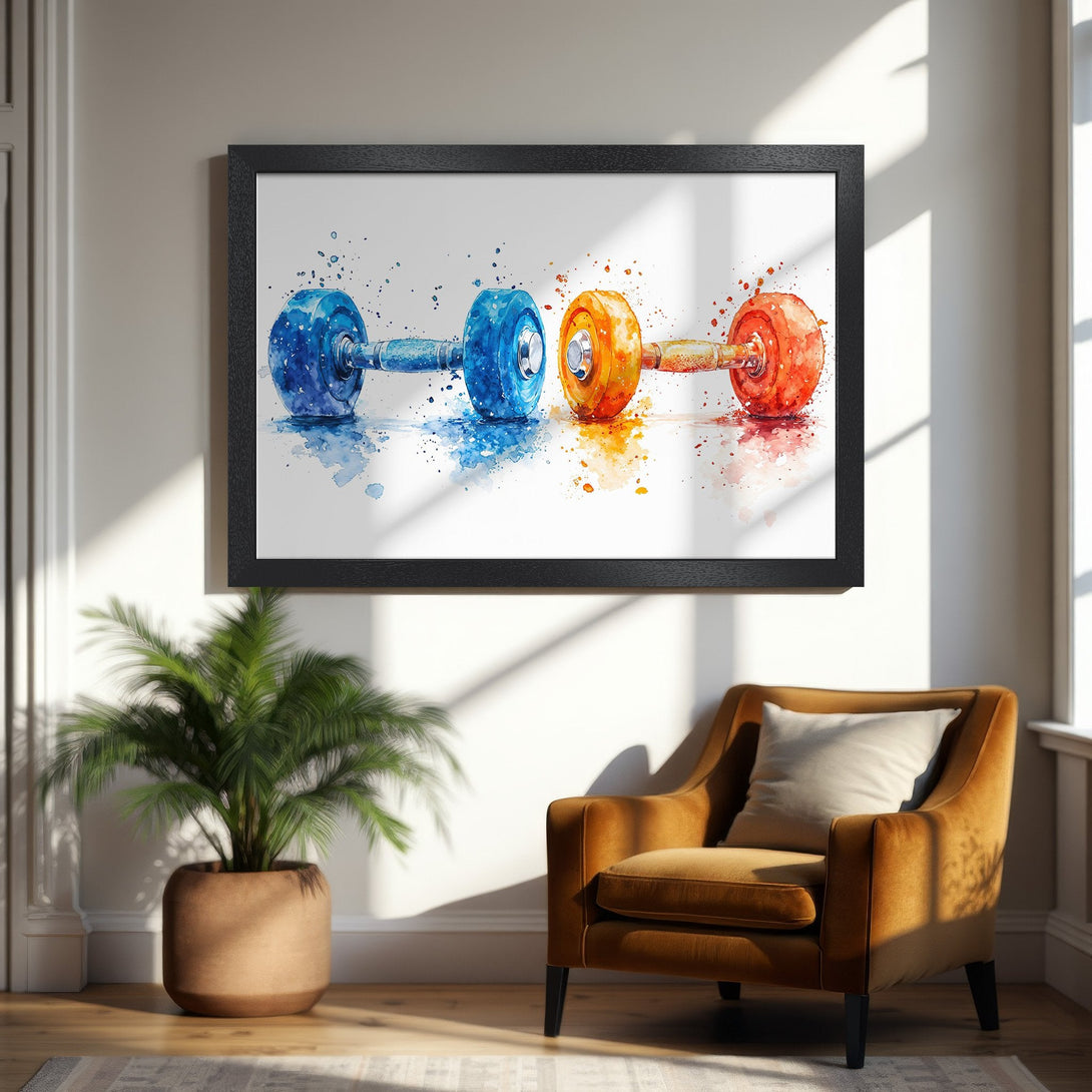 Framed Poster featuring watercolor dumbbells in blue, orange, and red. Perfect fitness decor for your home gym!