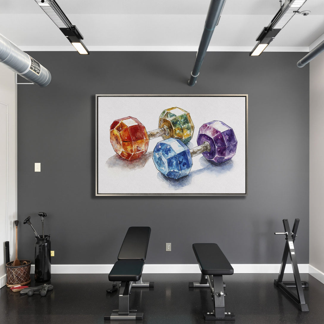 Framed Wall Art: Watercolor dumbbells in a gym. Vibrant, colorful artwork with red, blue, yellow, and purple hues. Perfect for home gym decor.