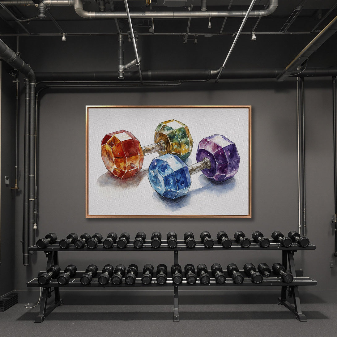 Framed Wall Art: Watercolor dumbbells in vibrant colors. Modern fitness decor with a colorful, artistic touch for your home gym.