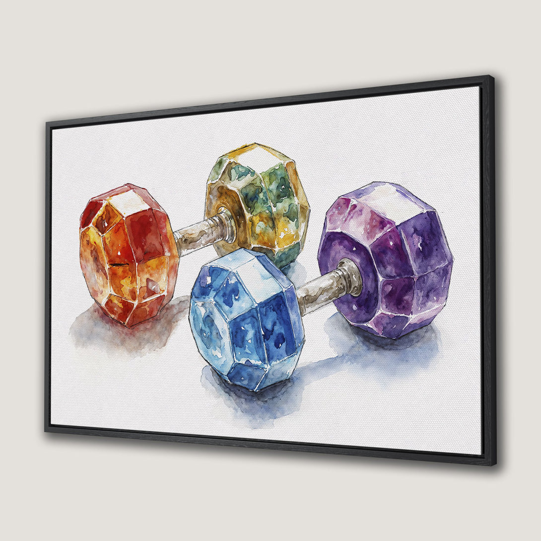 Framed Wall Art: Watercolor dumbbells in vibrant orange, green, blue, and purple. Modern fitness decor with a colorful, artistic touch.