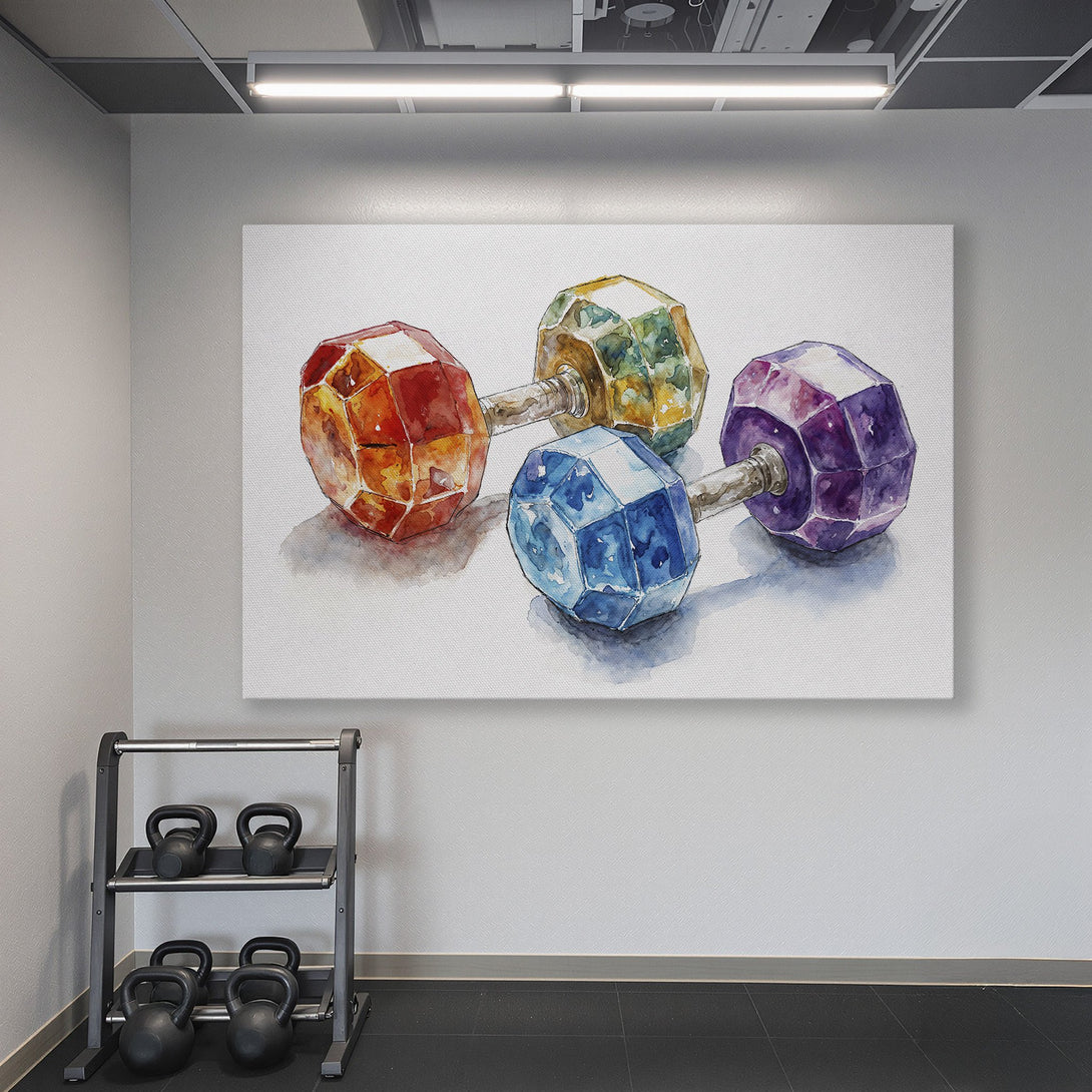 Framed Wall Art featuring watercolor dumbbells in a gym setting. Vibrant colors of red, blue, green, and purple pop against the teal wall. Add art to your space!