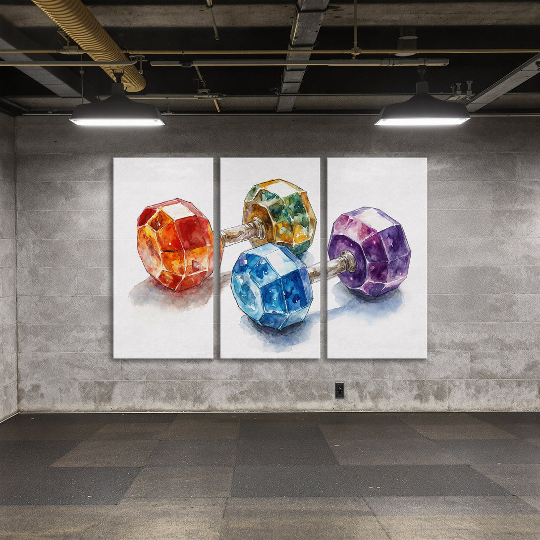 Canvas Print triptych featuring colorful watercolor gems in a modern interior. Vibrant jewel tones of red, blue, green, and purple. Add art to your space!