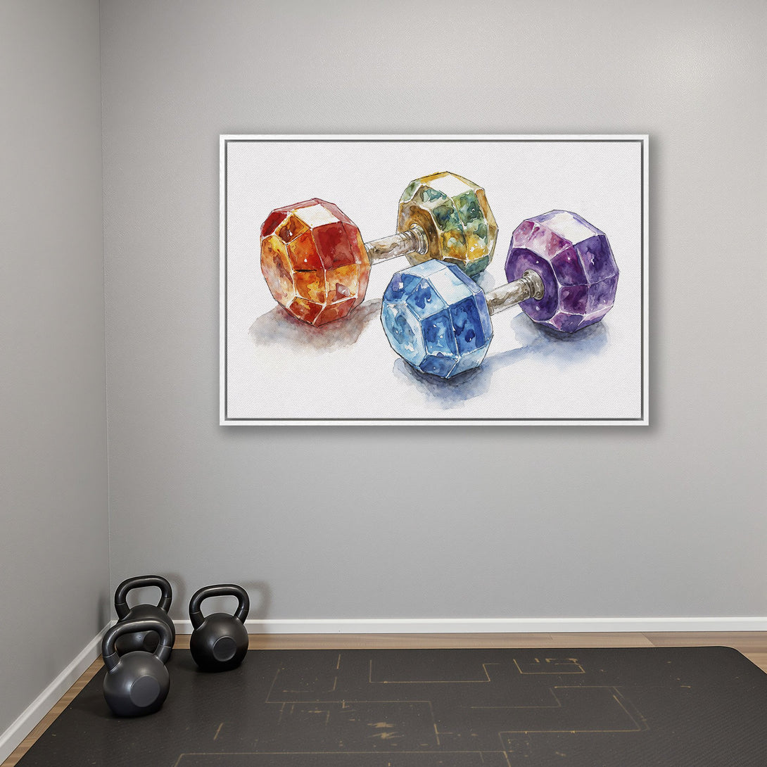 Framed Wall Art: Watercolor dumbbells in vibrant colors. Perfect gym decor! Add a pop of color to your workout space with this stunning Canvas Print.