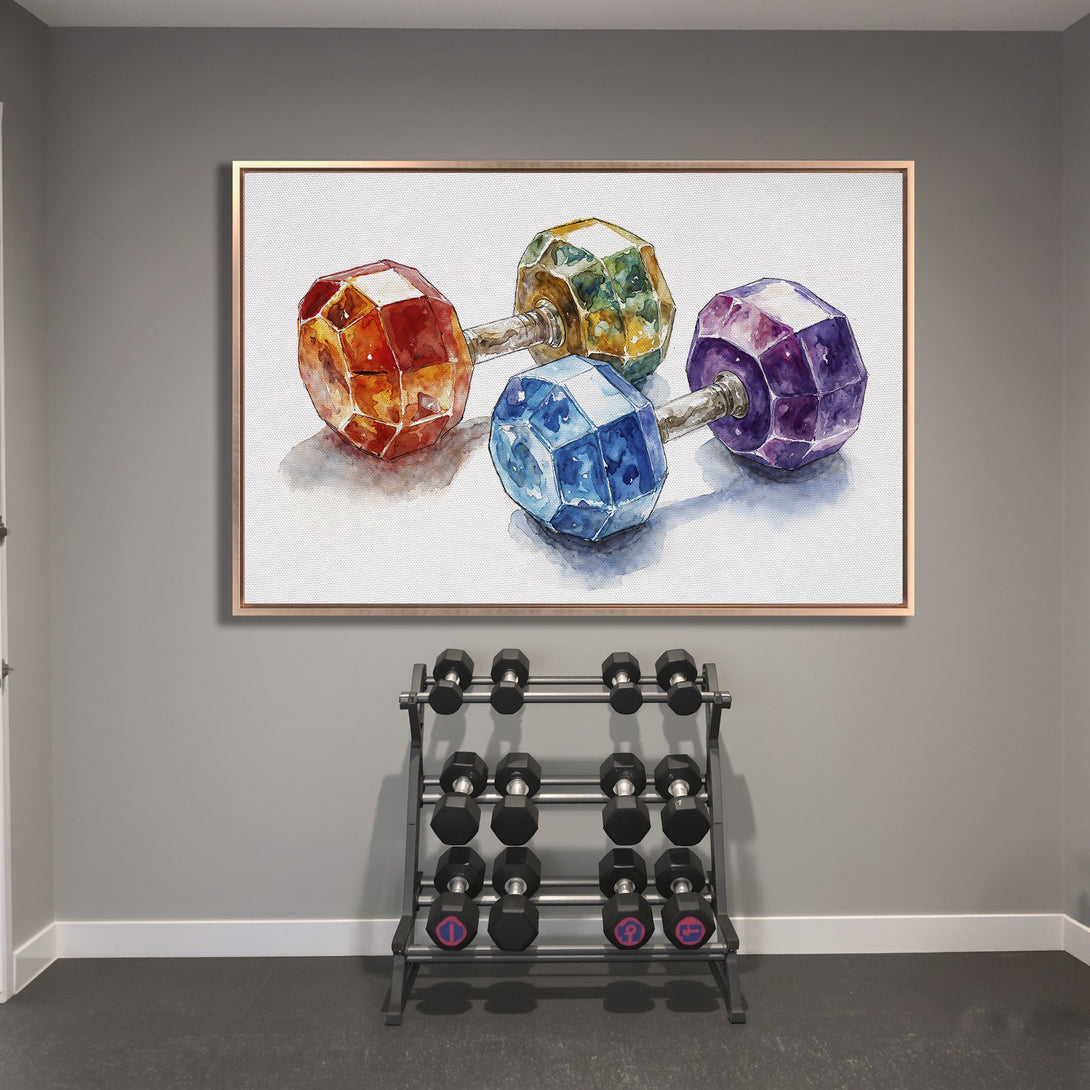 Framed Wall Art of watercolor dumbbells in vibrant colors. Perfect for a home gym or fitness space. Modern art with a colorful palette.