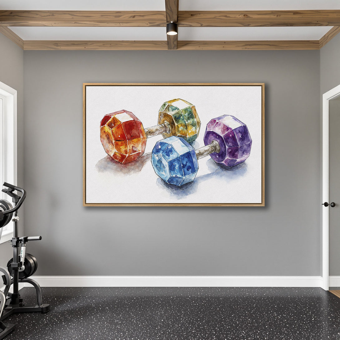 Framed Wall Art featuring watercolor dumbbells in a gym setting. Colorful, gem-like weights with a vibrant, artistic palette. Perfect for home gyms!