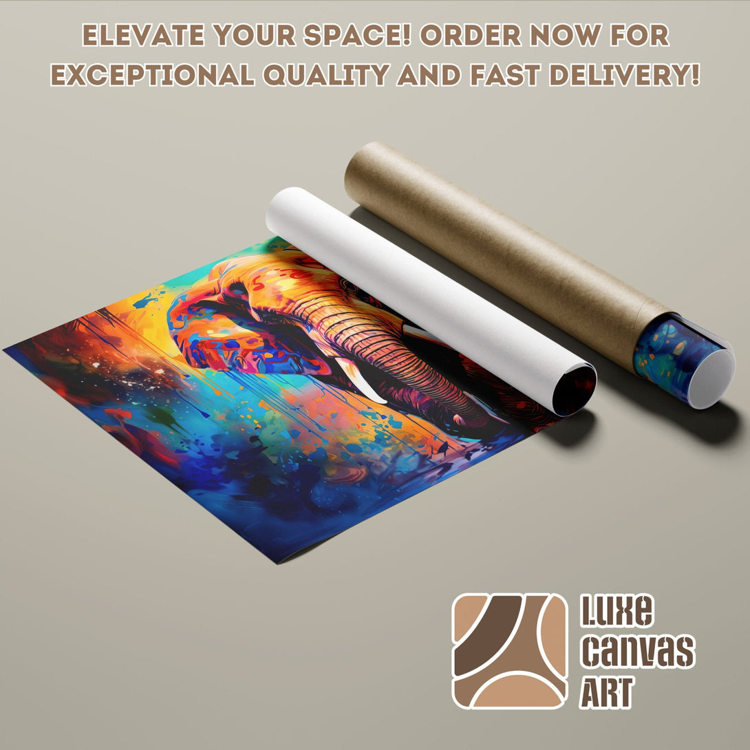 Elephant art poster roll. Vibrant colors and abstract style. Order yours today!