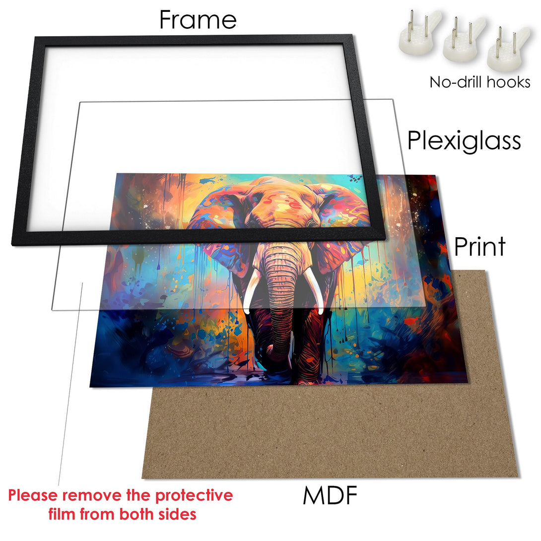 Framed Poster featuring an elephant in vibrant, abstract style with a colorful palette. Perfect art for your home!