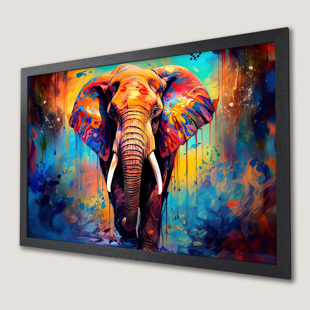 Framed Poster featuring a vibrant, abstract elephant painting in a colorful palette of blues, oranges, and yellows. Add artistic flair to your space!