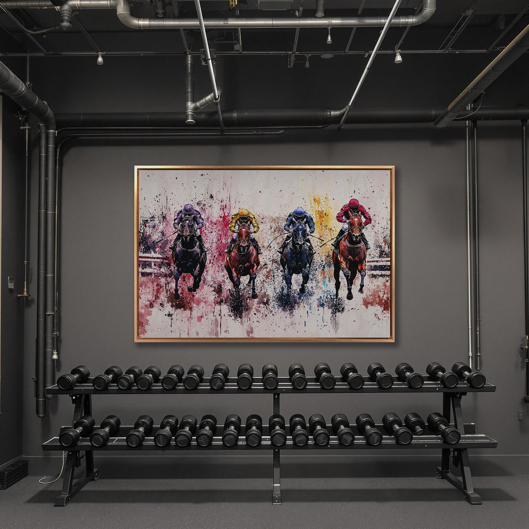 Framed Wall Art: Abstract horse racing art in a modern interior. Colorful watercolor style with a vibrant palette. Perfect for home or gym decor.