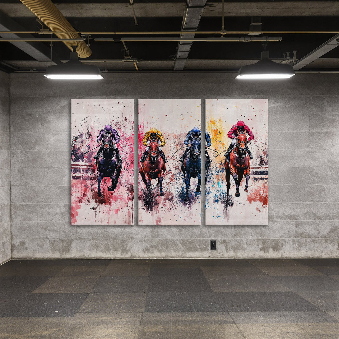 Canvas Print of horse racing art, colorful abstract style. Vibrant red, purple, yellow, and blue palette, perfect wall decor.