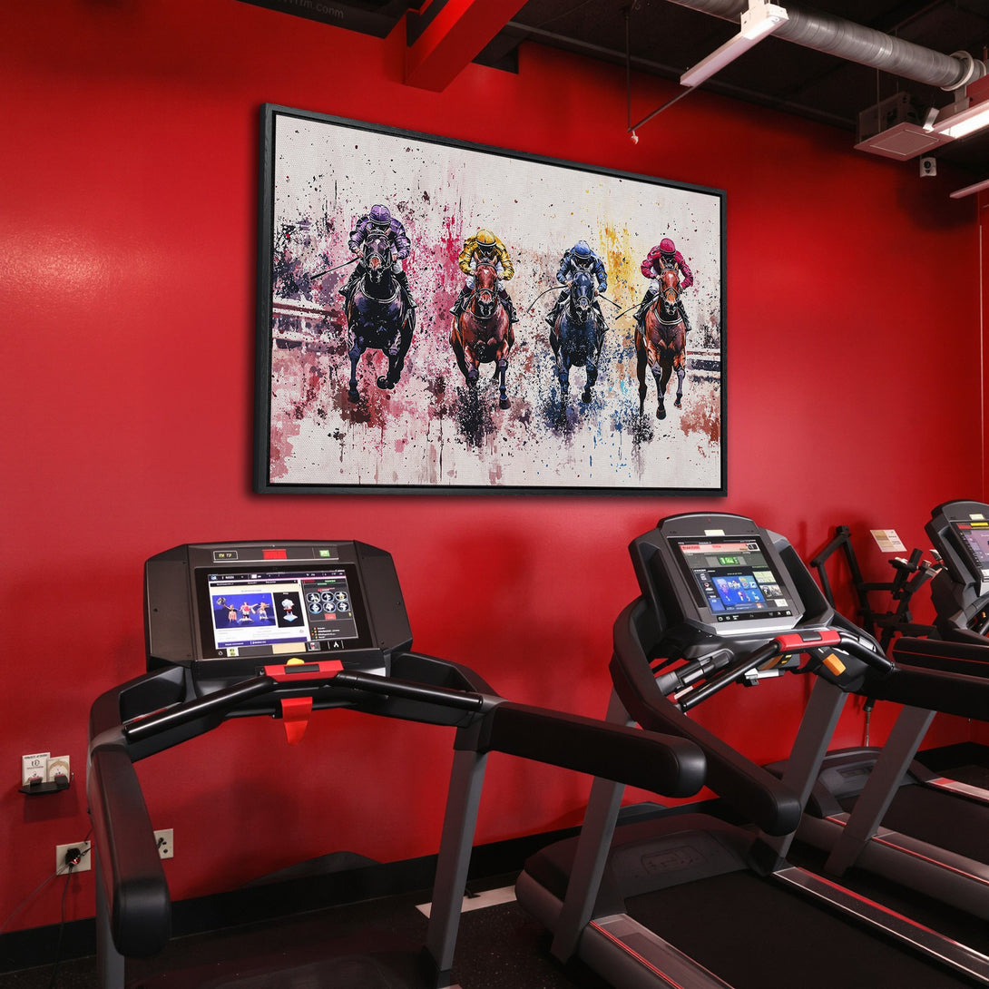 Framed Wall Art: Dynamic horse racing canvas print in a gym setting. Vibrant colors pop against a red backdrop, adding energy and style to any space.