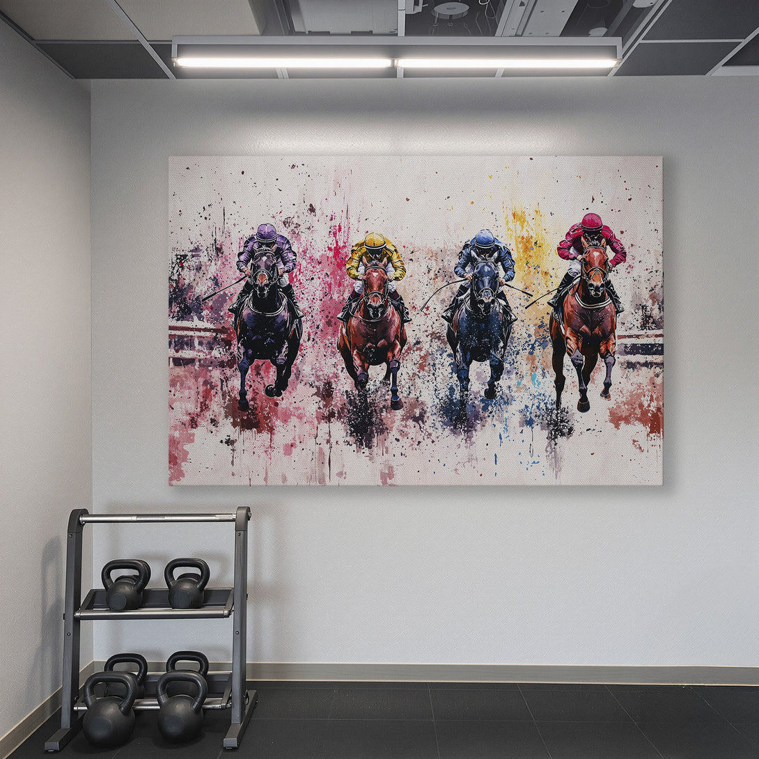 Framed Wall Art: Abstract painting of racehorses in action. Vibrant colors and dynamic brushstrokes. Perfect for adding energy to your home gym!