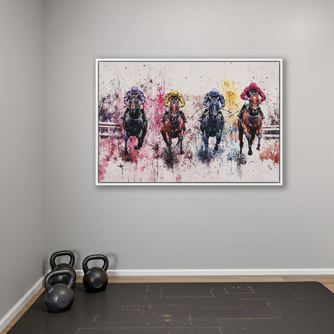 Framed Wall Art: Dynamic watercolor painting of racehorses in vibrant colors. Perfect equestrian decor for your home. Add a touch of art to any space!