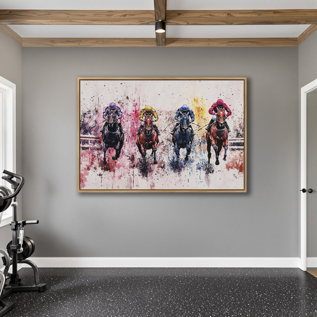 Framed Wall Art: Dynamic horse racing scene with vibrant colors. Abstract style Canvas Print adds energy to any space.