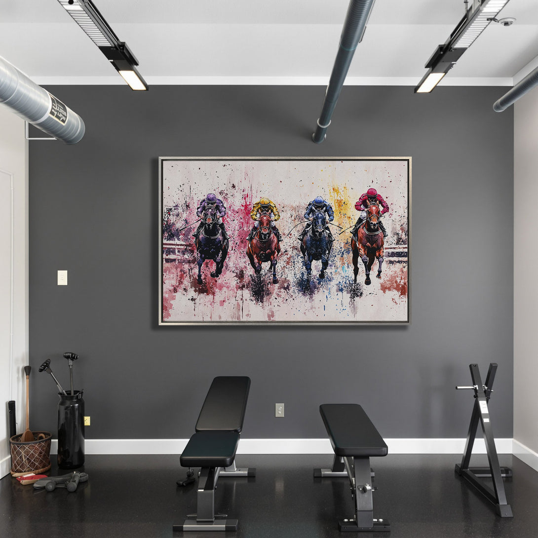 Framed Wall Art: Dynamic horse racing canvas print in a modern interior. Vibrant, colorful artwork with a splash art style, perfect for any space.