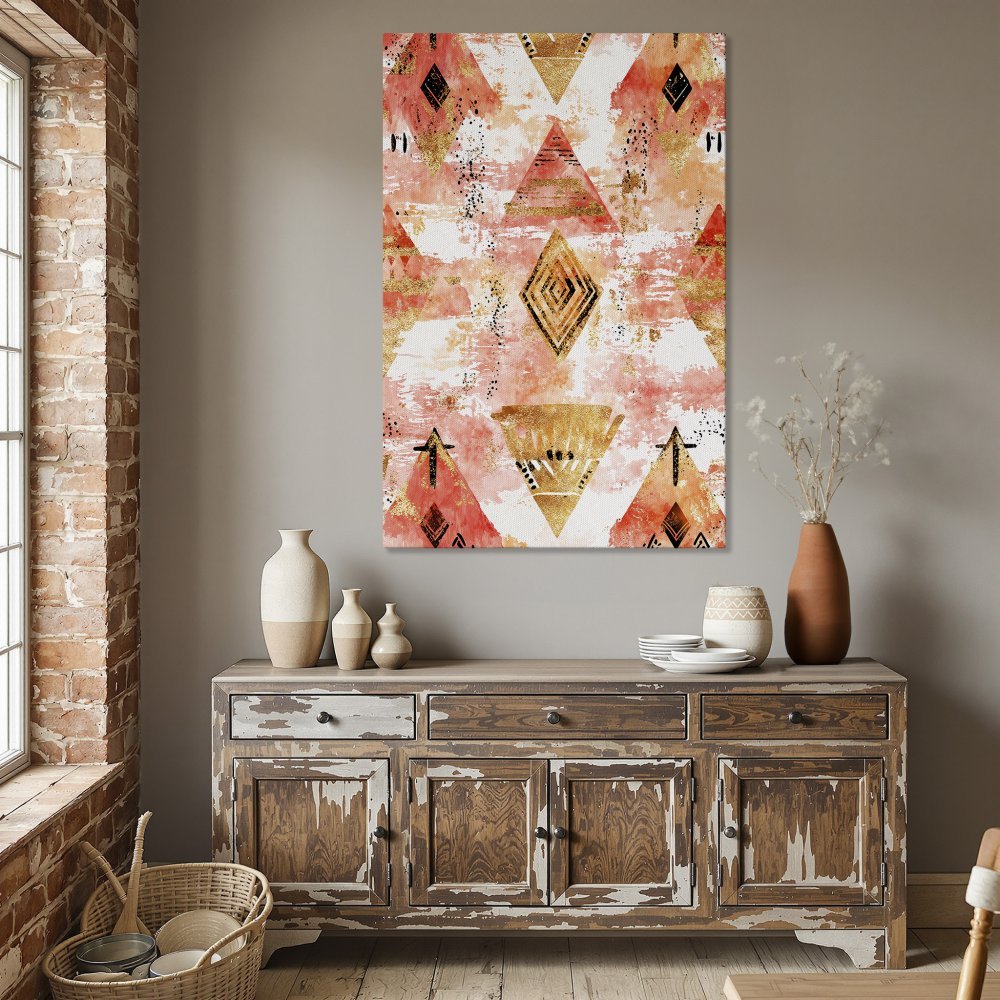 Framed Wall Art featuring an abstract geometric design in coral, gold, and black, perfect for adding a touch of elegance to any space.