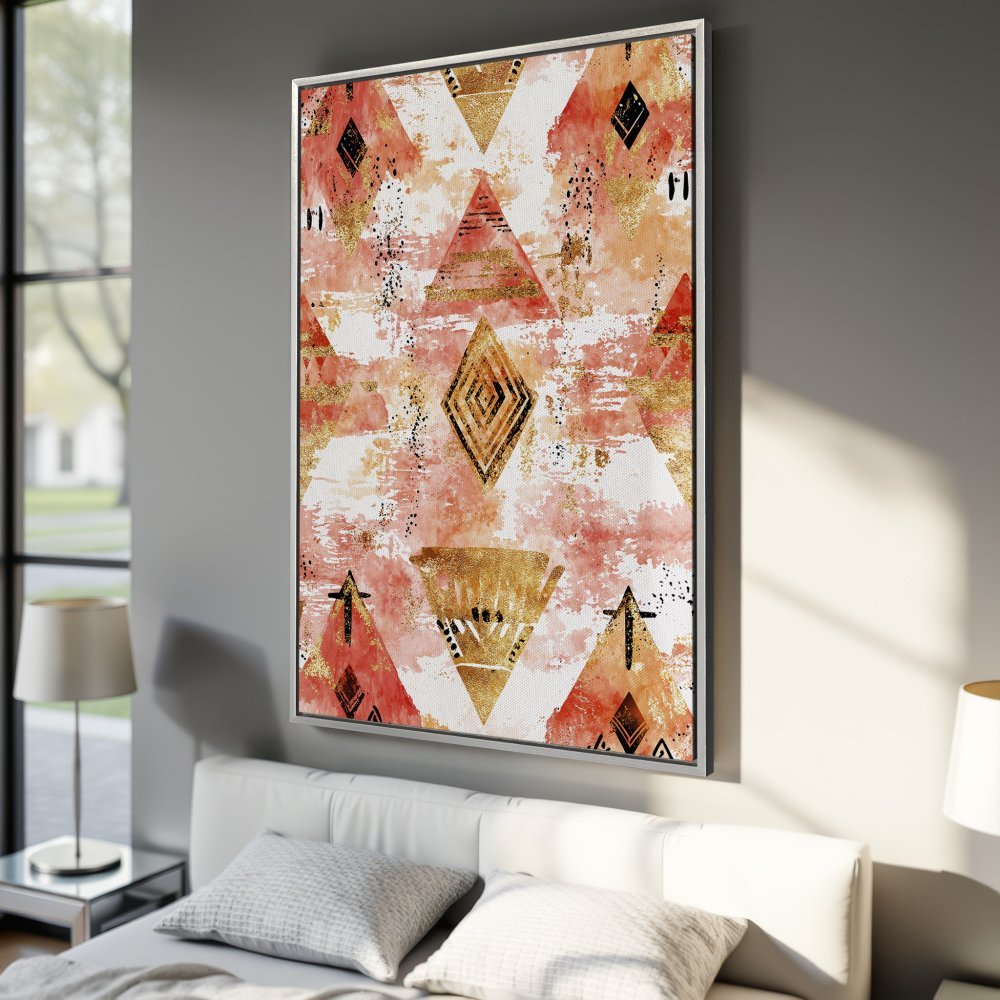 Framed Wall Art: Abstract geometric design in warm coral, gold, and black. Modern canvas print perfect for adding a touch of style to your bedroom.