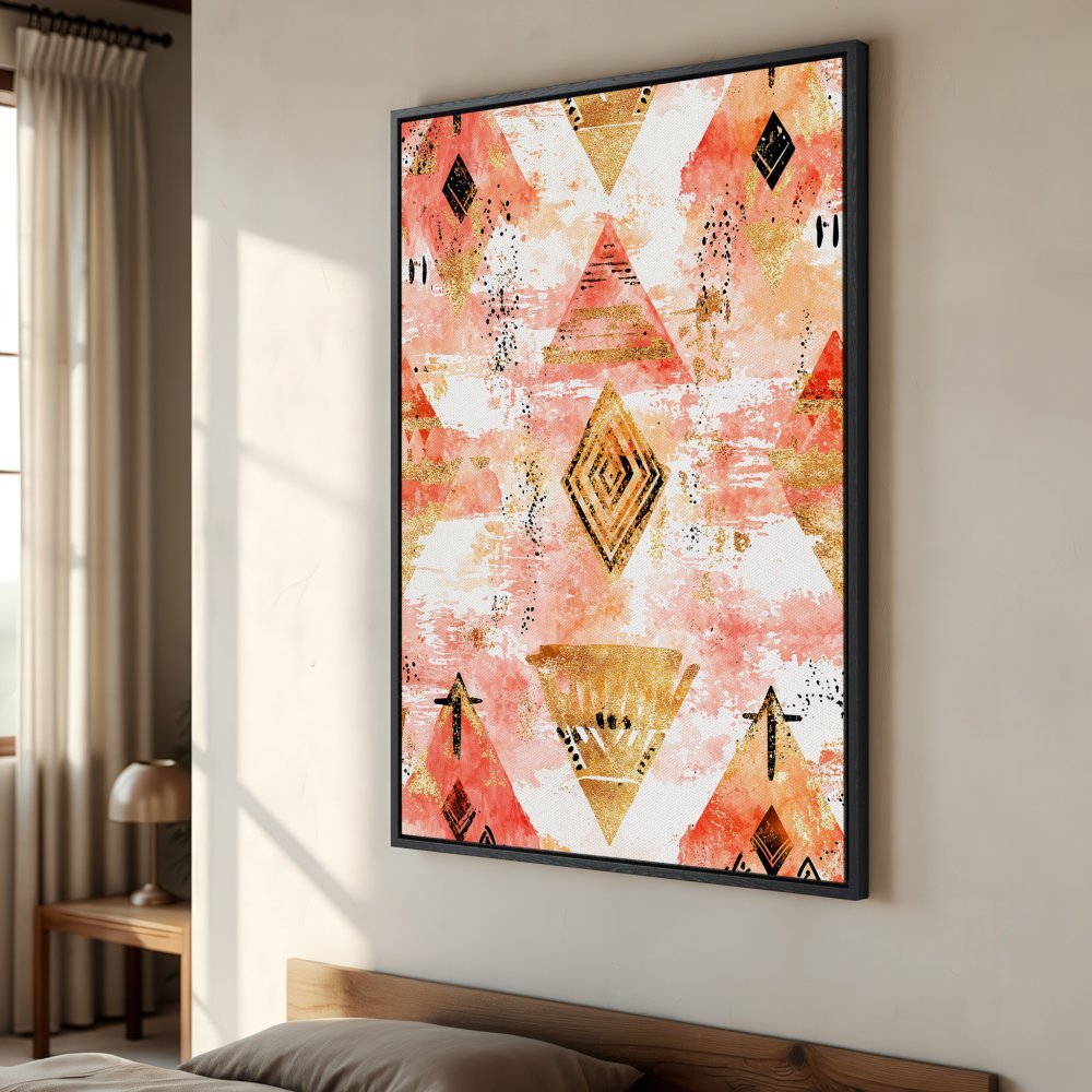 Framed Wall Art: Abstract geometric design in coral, gold, and black. Modern canvas print adds a touch of boho style to any room.