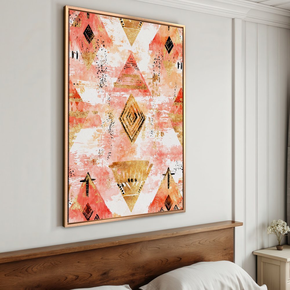 Framed Wall Art: Abstract geometric design in coral, gold, and black. Modern canvas print perfect for adding a pop of color and style to any space.