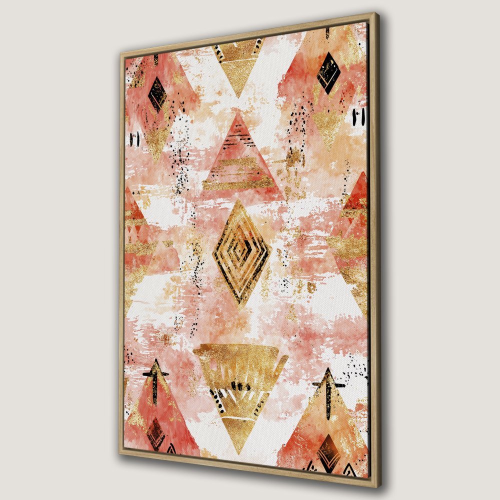 Framed Wall Art: Abstract geometric design in blush, gold, and black. Modern canvas print perfect for adding a touch of elegance to your home decor.