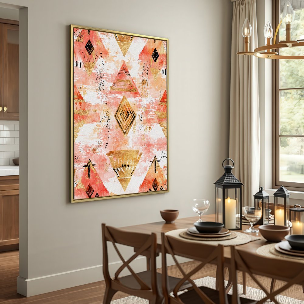 Abstract Canvas Print with geometric design in pink, gold, and black. Perfect for modern decor.