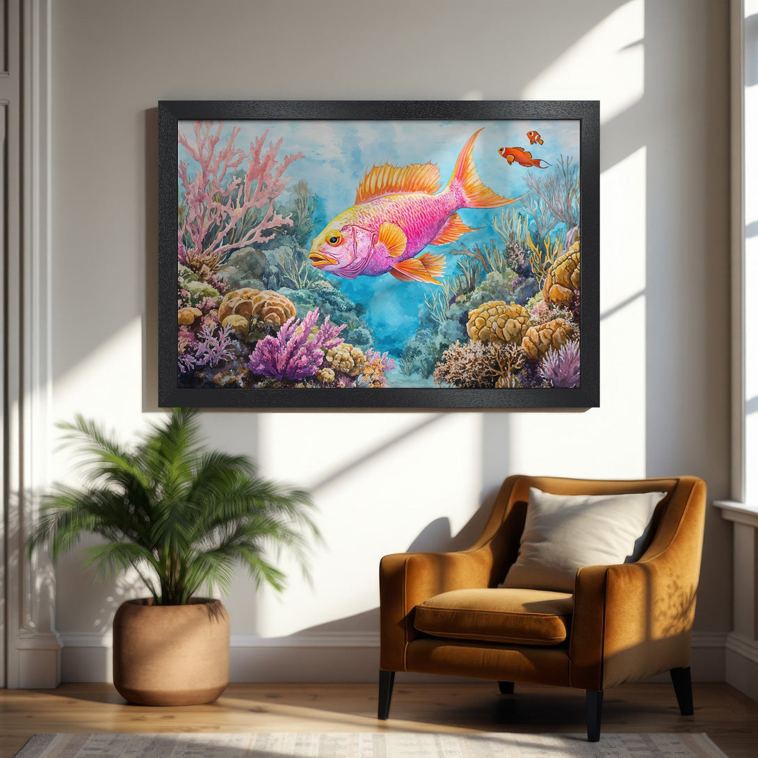 Framed Poster featuring a watercolor-style fish in vibrant pinks and oranges against a blue coral reef. Add a splash of color to your space!