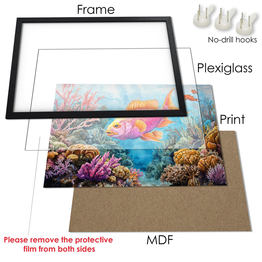 Framed Poster featuring a vibrant watercolor coral reef scene with a pink fish. Beautiful blue, pink, and orange color palette. Ready to hang!