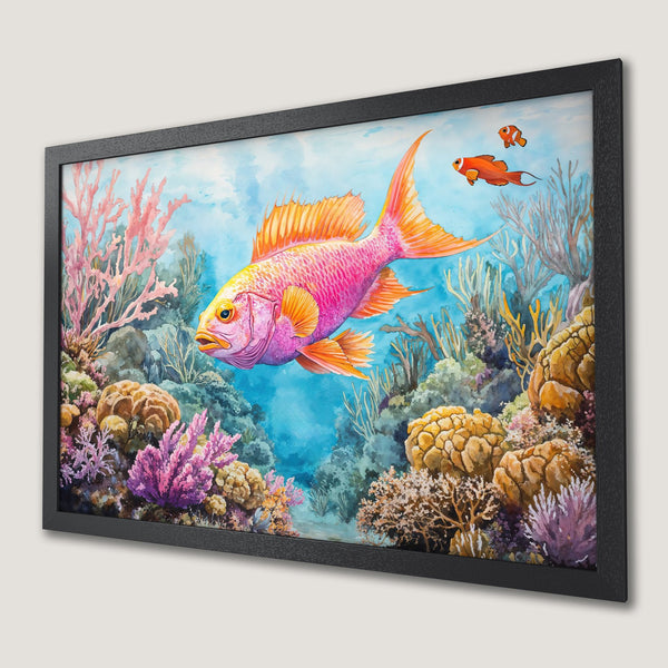 Framed Poster featuring a vibrant watercolor painting of a fish and coral reef. Pink, orange, and blue color palette. Perfect wall art!