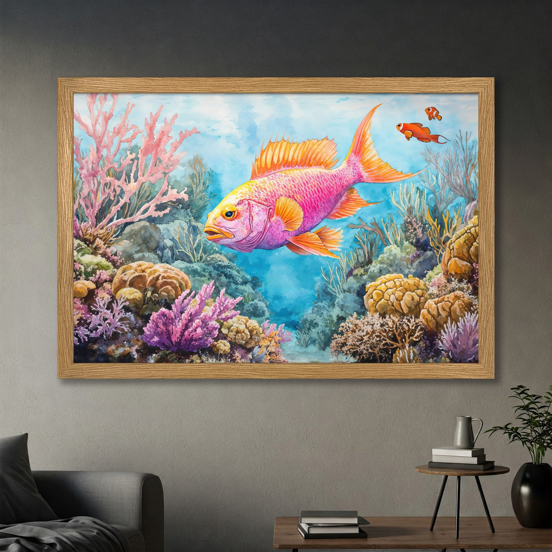 Framed Poster of vibrant watercolor coral reef art with a pink fish, in a warm color palette. Perfect wall decor!