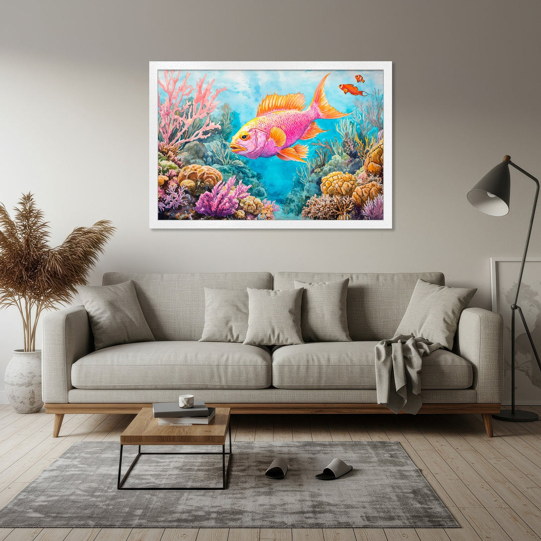 Framed Poster featuring a vibrant watercolor fish in coral reef. Beautiful pink, orange, and blue color palette. Perfect wall art!