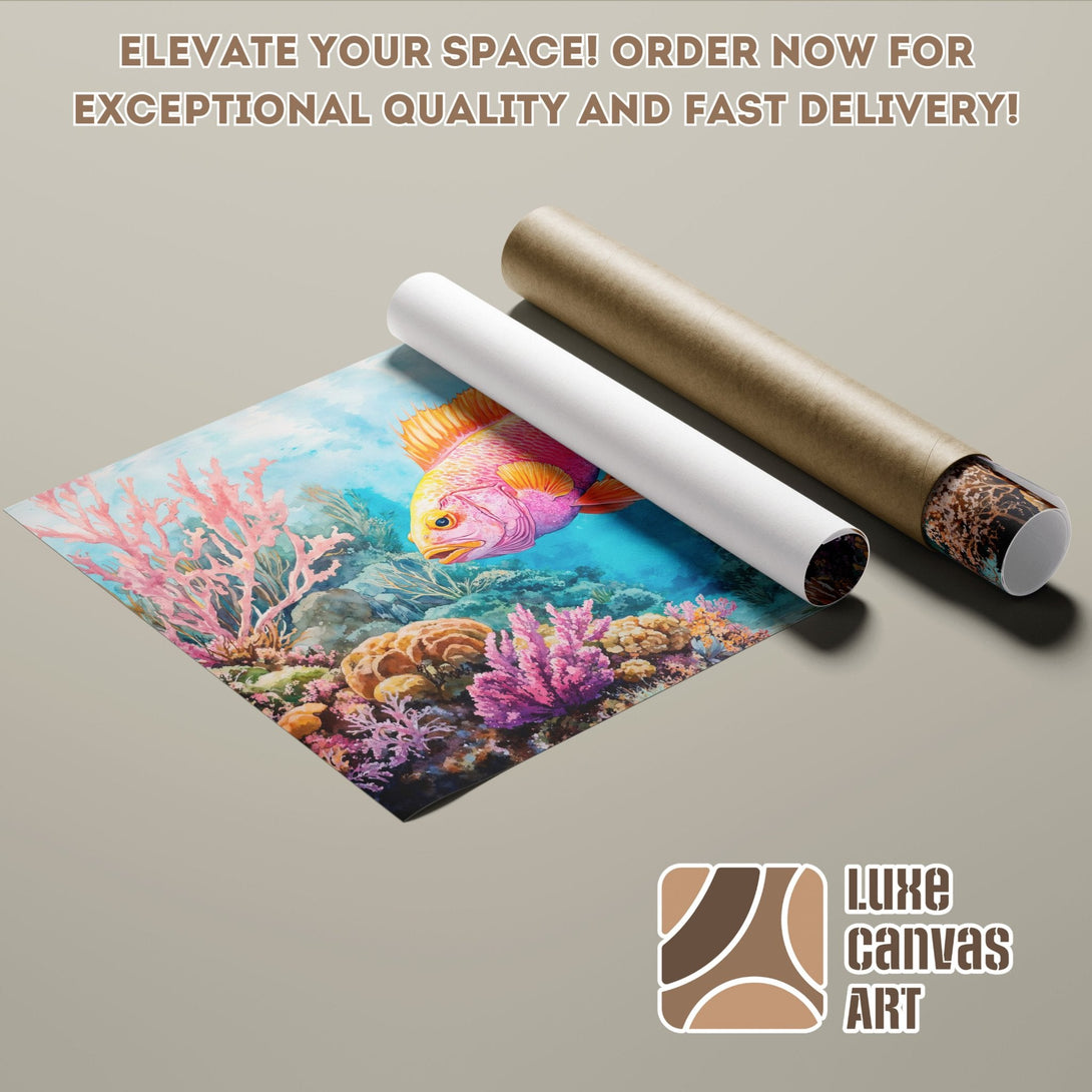 Poster Roll featuring vibrant watercolor coral reef art, blue & pink palette. Elevate your space with this stunning poster!