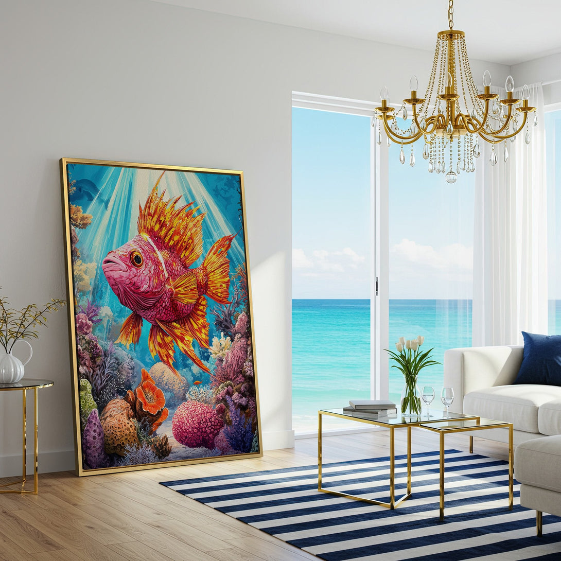 Vibrant Canvas Print featuring a colorful fish in an underwater scene. Adds a pop of color with a pink, orange, and blue palette to any room.