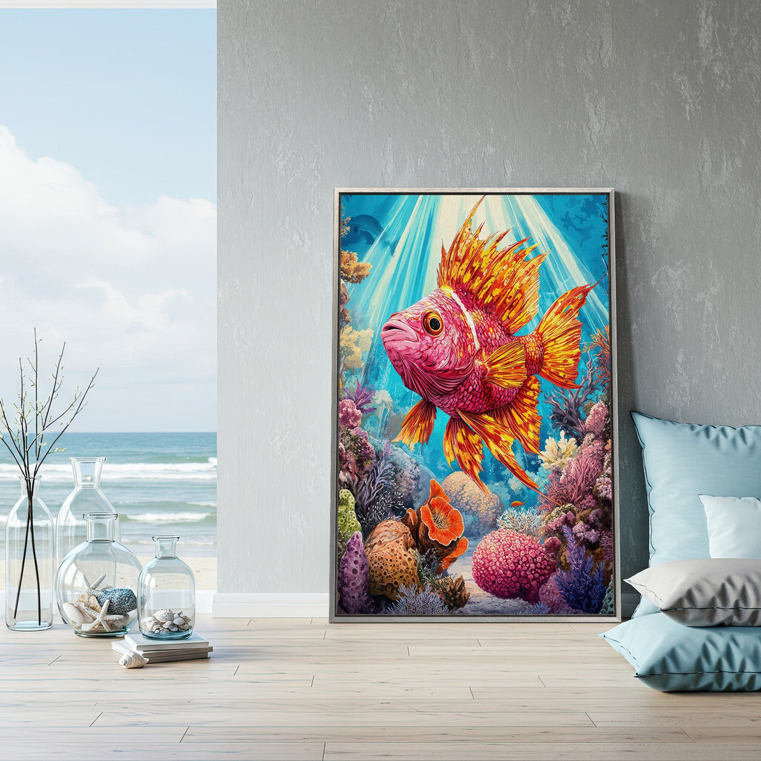Framed Wall Art: Vibrant fish painting in coral reef. Colorful canvas print with pink, orange, and blue hues. Perfect coastal decor for your home.