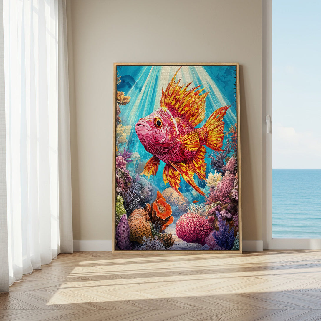Framed Wall Art: Vibrant coral reef scene with a colorful fish. Artistic style in a blue, pink, and orange palette. Perfect for coastal decor!