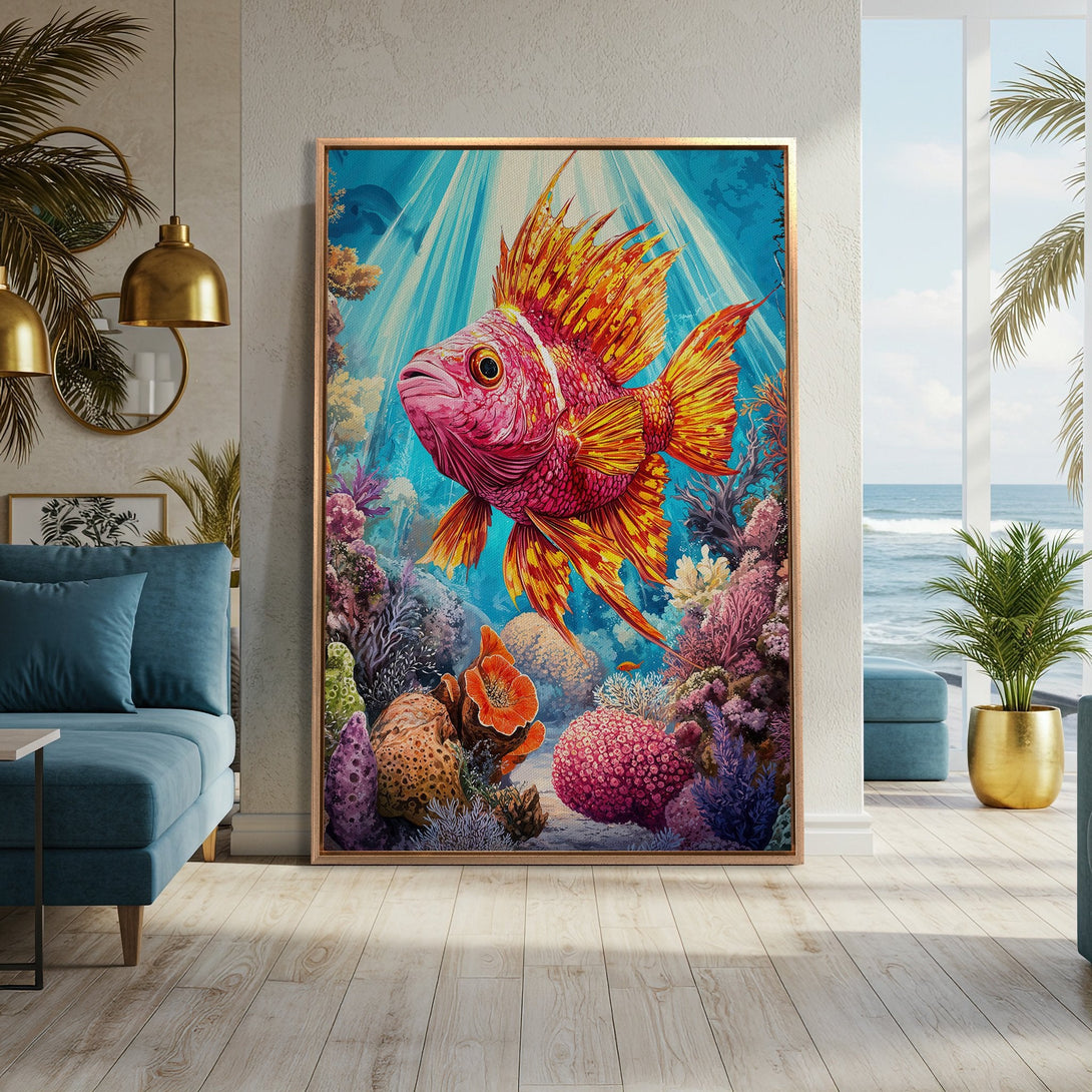 Framed Wall Art featuring a vibrant, stylized fish in a coral reef scene. Bold, colorful palette of pink, orange, and blue. Perfect for coastal decor!