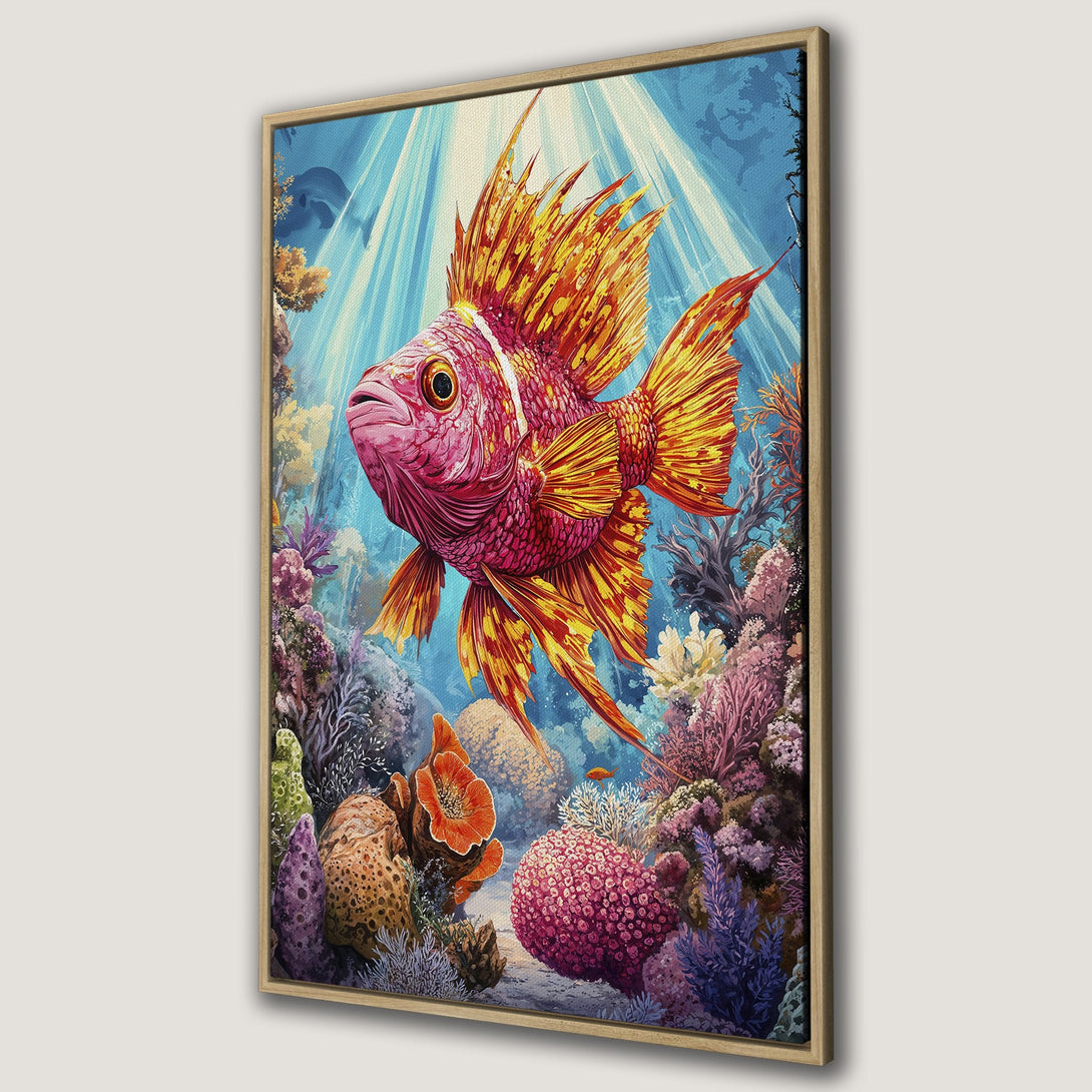 Framed Wall Art featuring a vibrant fish in an underwater scene. Colorful coral reef art with a pink and gold color palette. Bring the ocean to your home!