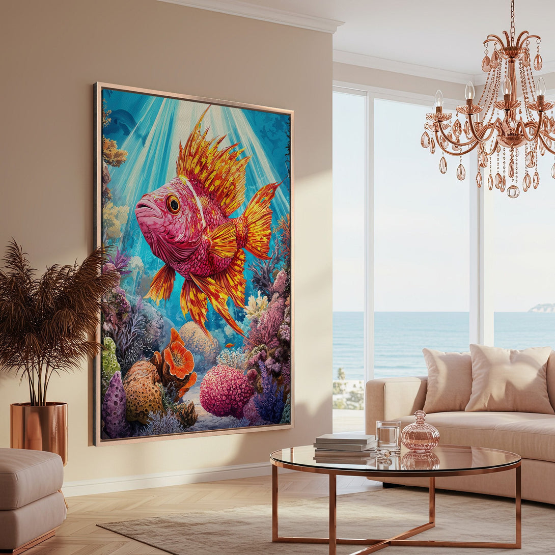 Framed Wall Art: Vibrant fish painting in a coastal living room. Features a colorful coral reef scene with pink, orange, and blue hues. Perfect ocean decor.