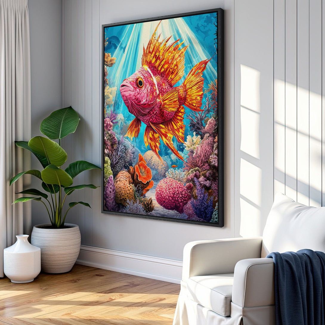 Framed Wall Art of a vibrant, stylized fish in a colorful coral reef scene. Bright pink, orange, and blue palette perfect for coastal decor.