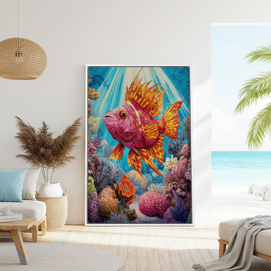 Framed Wall Art: Vibrant watercolor style Canvas Print of a tropical fish in coral reef. Blue, pink, and yellow color palette, perfect for coastal decor.
