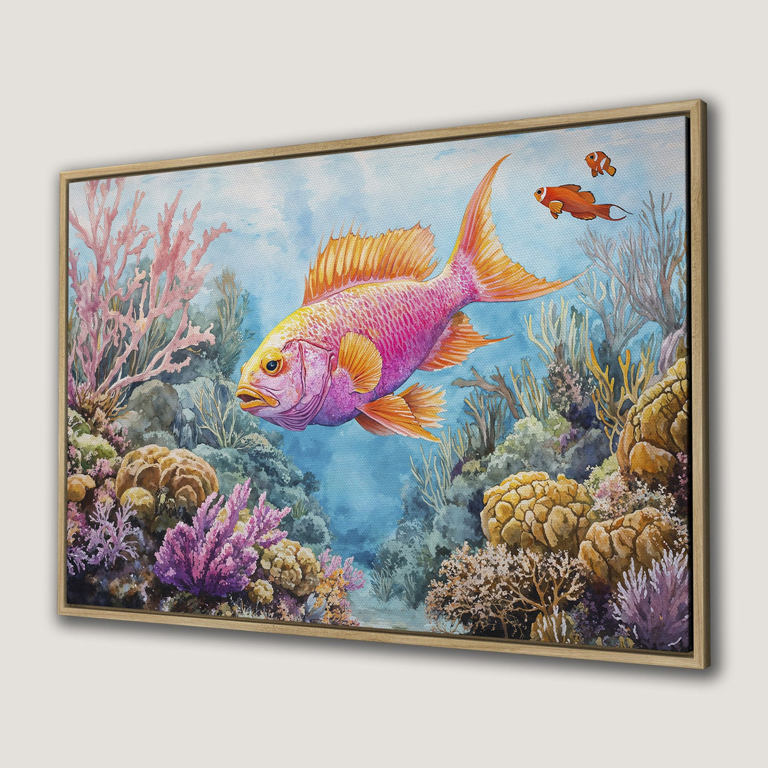 Framed Wall Art: Watercolor painting of a vibrant fish in a coral reef. Features a pink, orange, and blue color palette. Perfect for coastal decor.