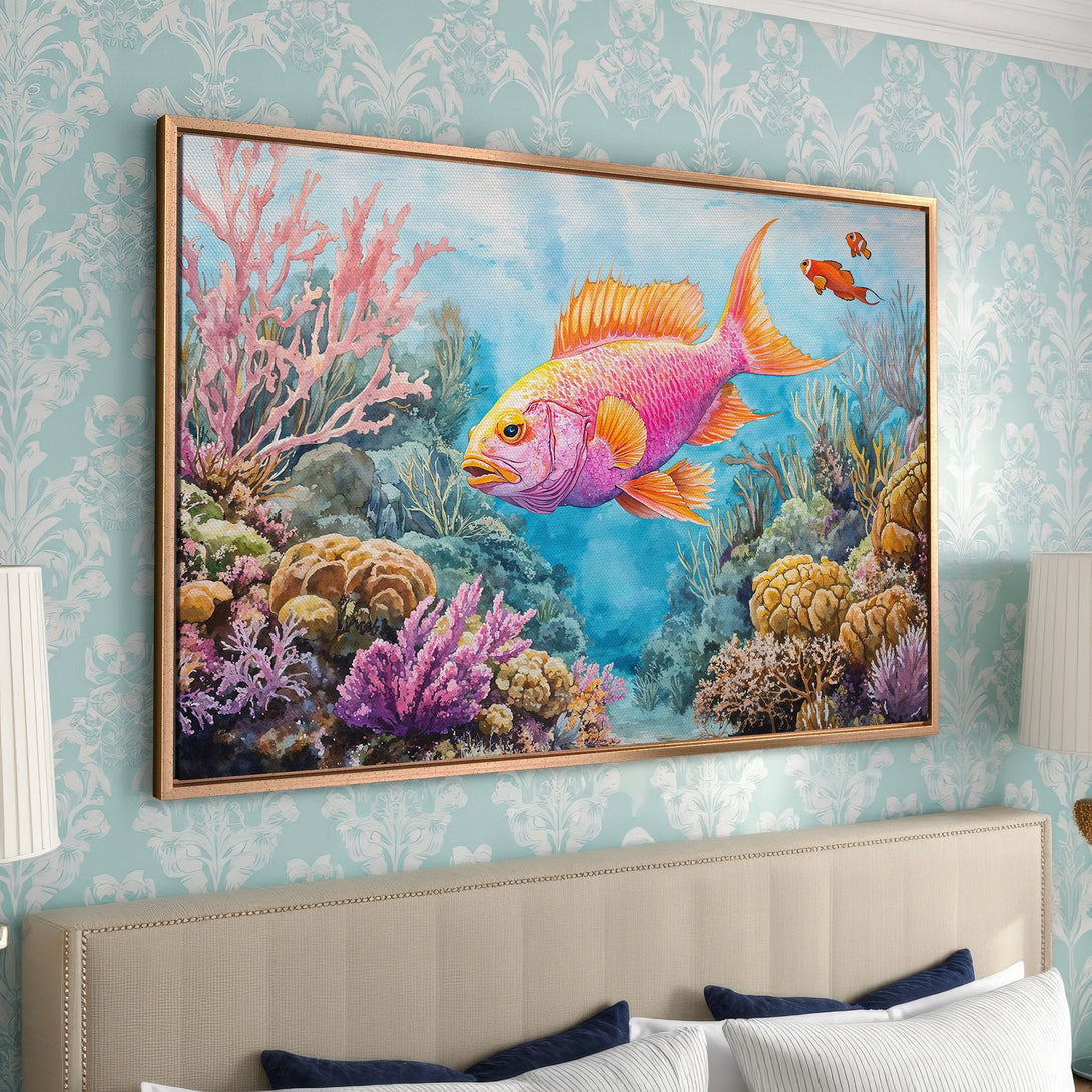 Framed Wall Art: Watercolor fish and coral reef in vibrant pinks, oranges, and blues. Coastal art for a serene bedroom.