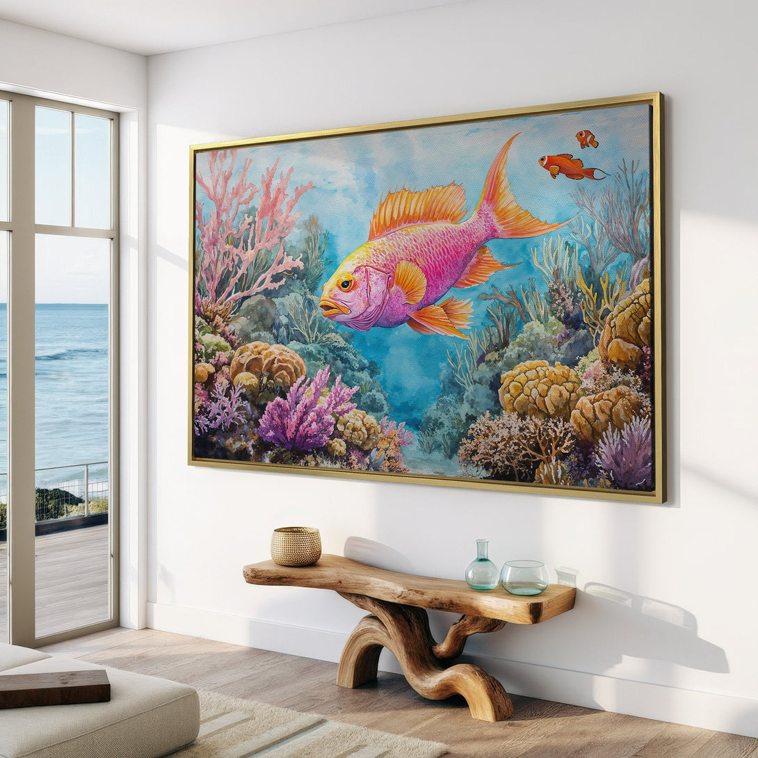 Canvas Print of a vibrant watercolor fish in an underwater scene. Features a colorful palette of pink, orange, and blue, perfect for coastal decor.