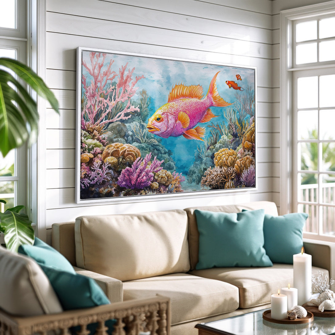 Framed Wall Art: Vibrant watercolor Canvas Print of a colorful fish in a coral reef. Adds coastal charm with pink, orange, and blue hues. Perfect for living rooms!