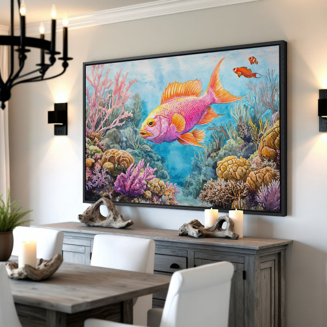 Framed Wall Art: Watercolor fish and coral reef in pink, orange, and blue. Coastal decor for your home. Canvas Print available.