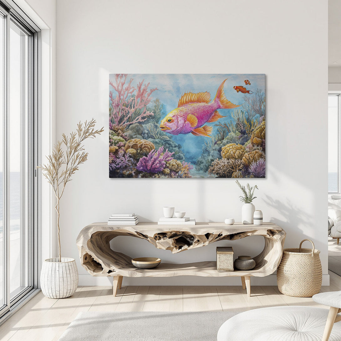 Framed Wall Art: Watercolor fish painting with vibrant pink, orange, and blue hues. Coastal decor for a serene interior.