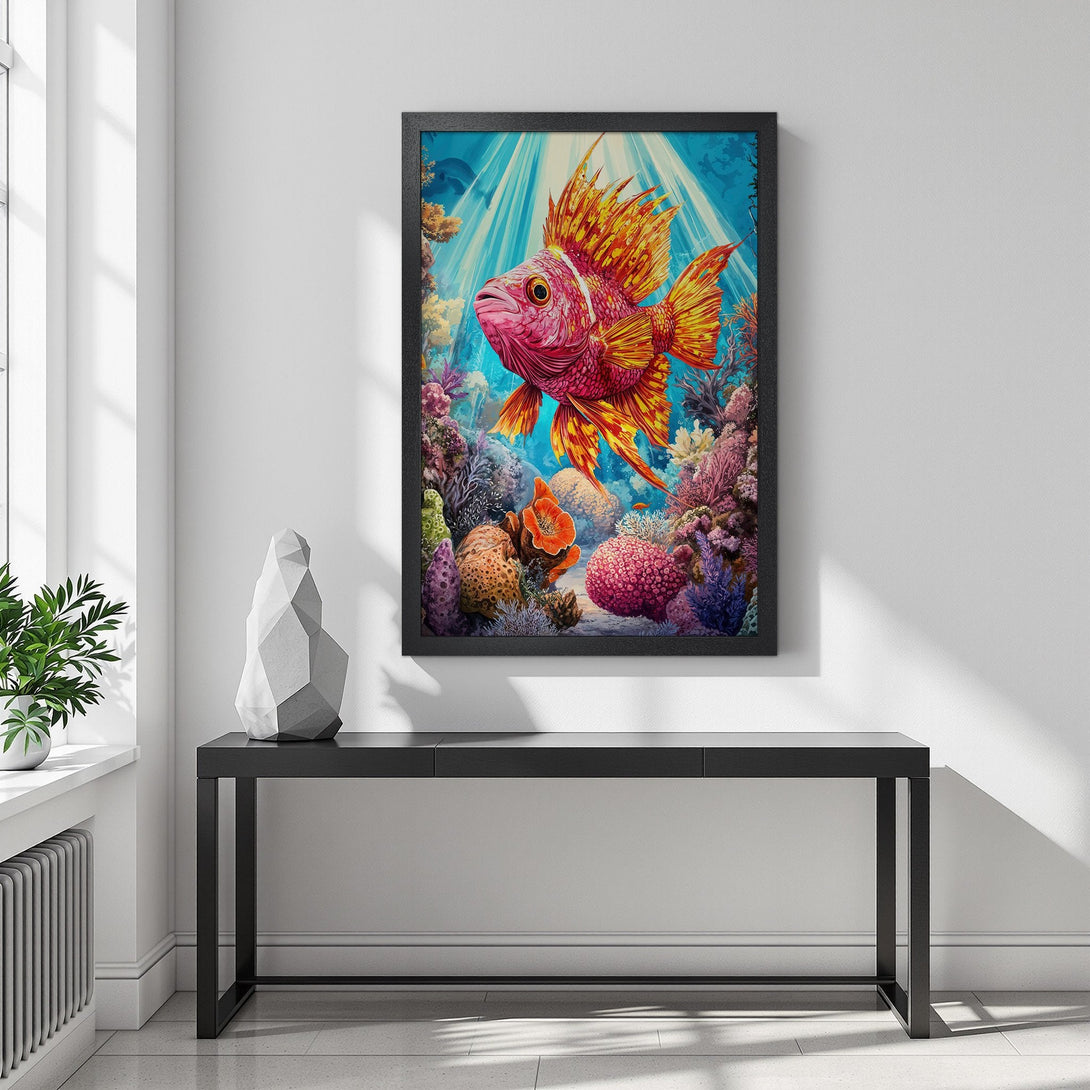 Framed Poster featuring a vibrant fish in an underwater scene. Artistic style with a colorful palette of pink, orange, and blue. Perfect wall art!