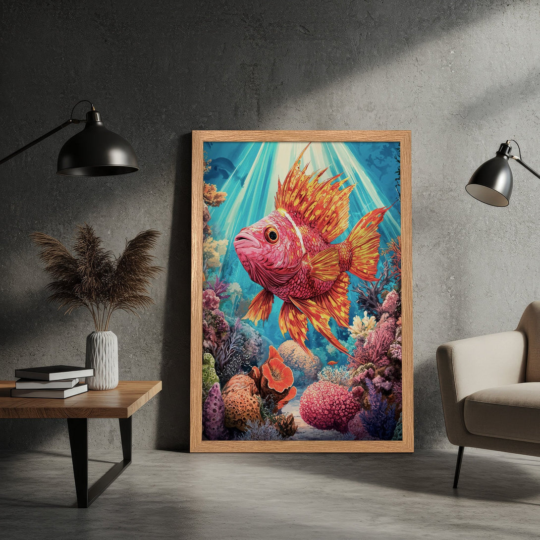 Framed Poster featuring a vibrant fish in an underwater scene. Artistic style with a blue, pink, and orange color palette. Perfect wall art!